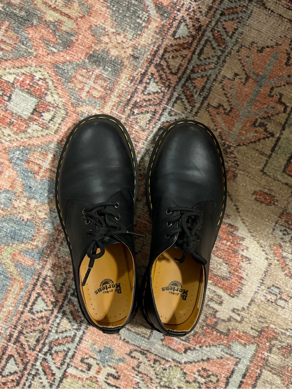 Dr. Martens Black Leather 3-Eye Derby Shoes with Yellow Stitching
